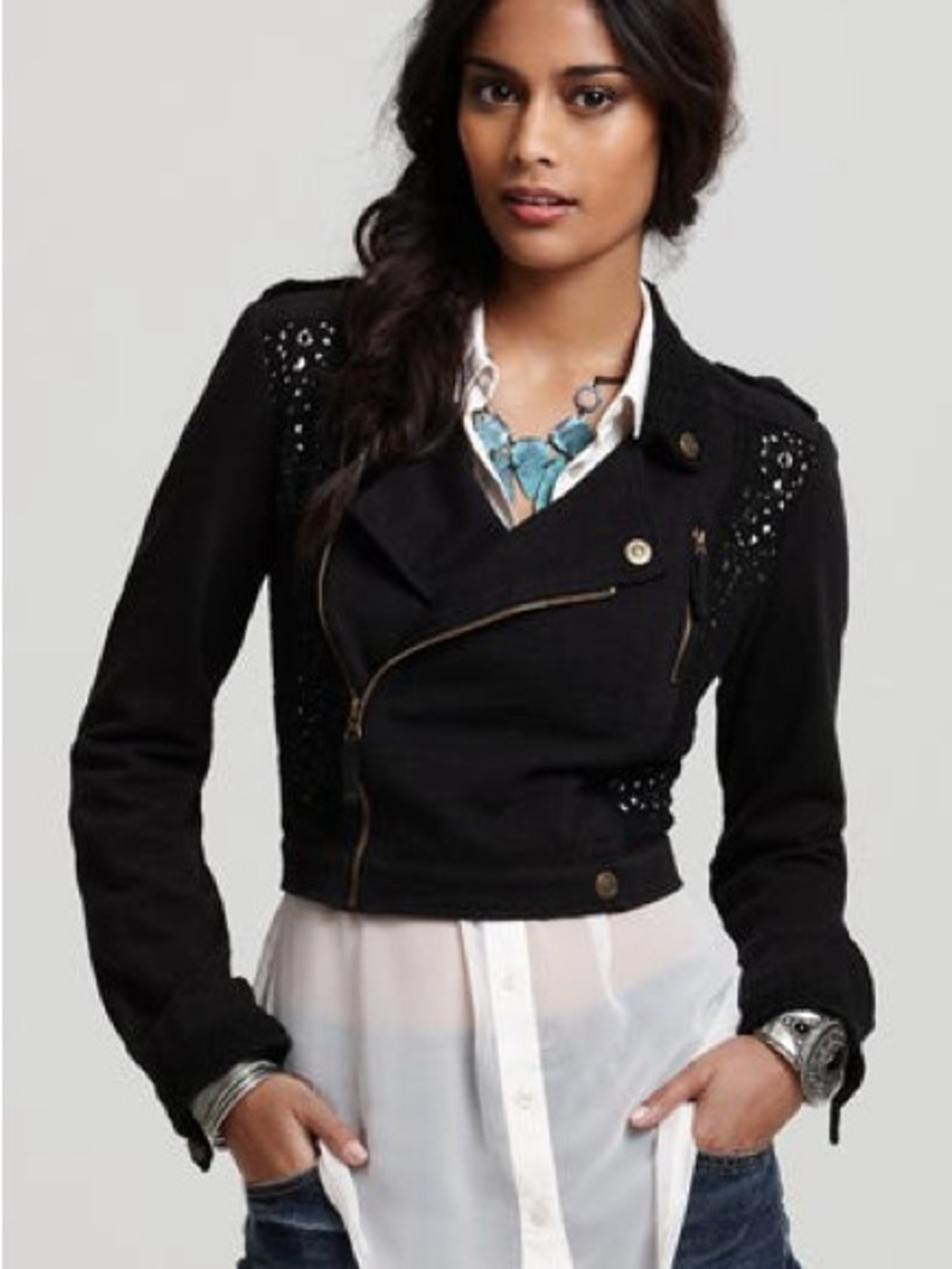 Free People Black Cotton Moto Jacket Lace Studs Sz Medium